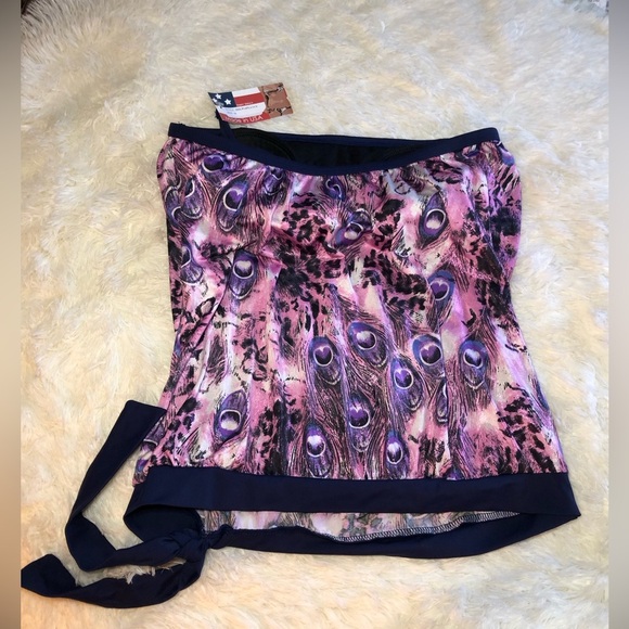 Women's Purple and Black Peacock Feather detail Swim Top size 10 NWT - Picture 6 of 11